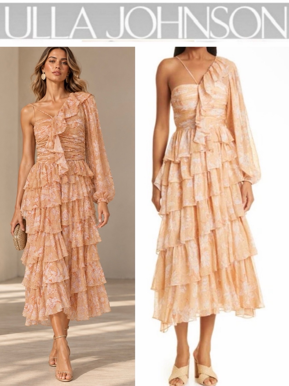 Ulla Johnson Hazel Magnolia Peach One-Shoulder Ruffle Tiered Midi Dress Sz 6 NWT